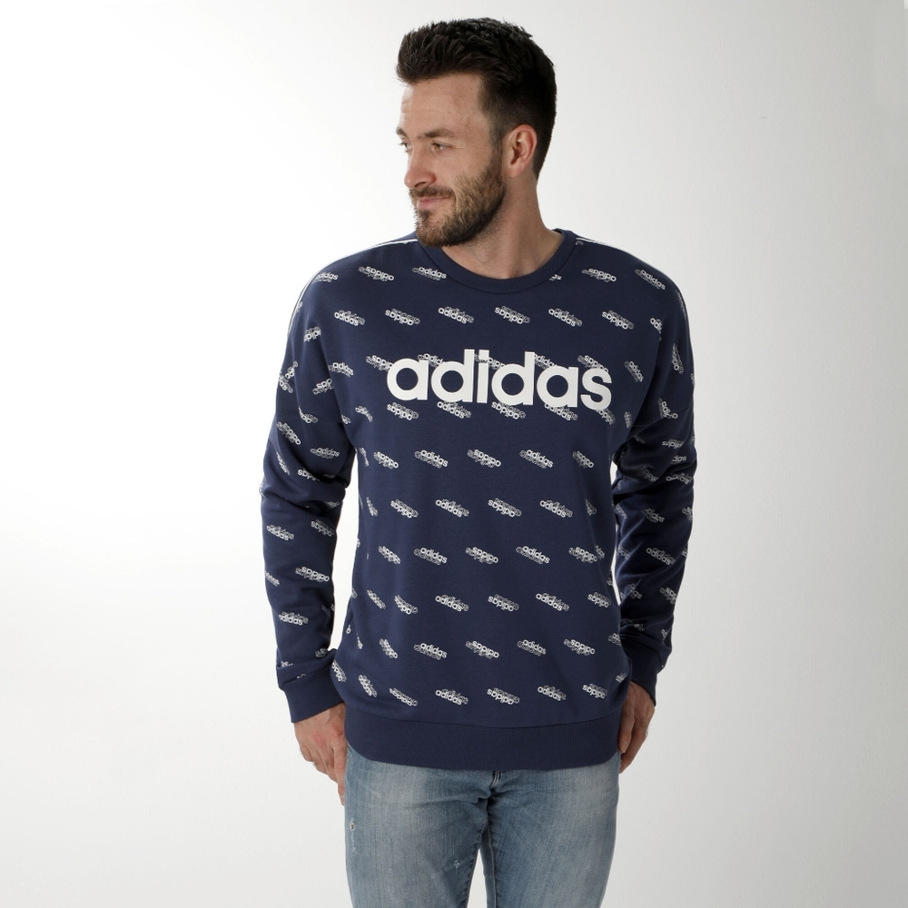 Adidas Favorite Trefoil Tech Indigo Blue All Over Print Logo Sweatshirt Sweater - Picture 3 of 14